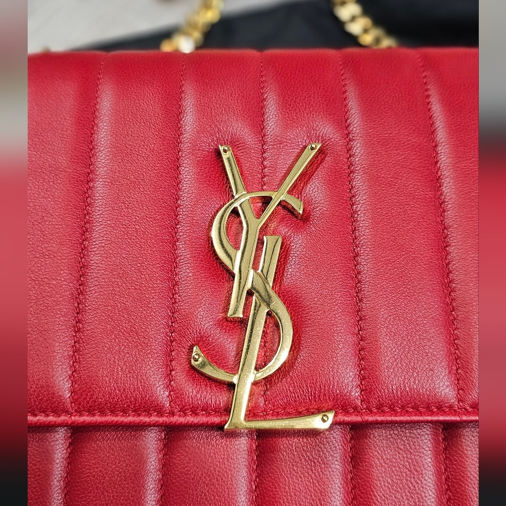Saint Laurent Red Quilted Leather Shoulder Bag with Gold YSL Logo
